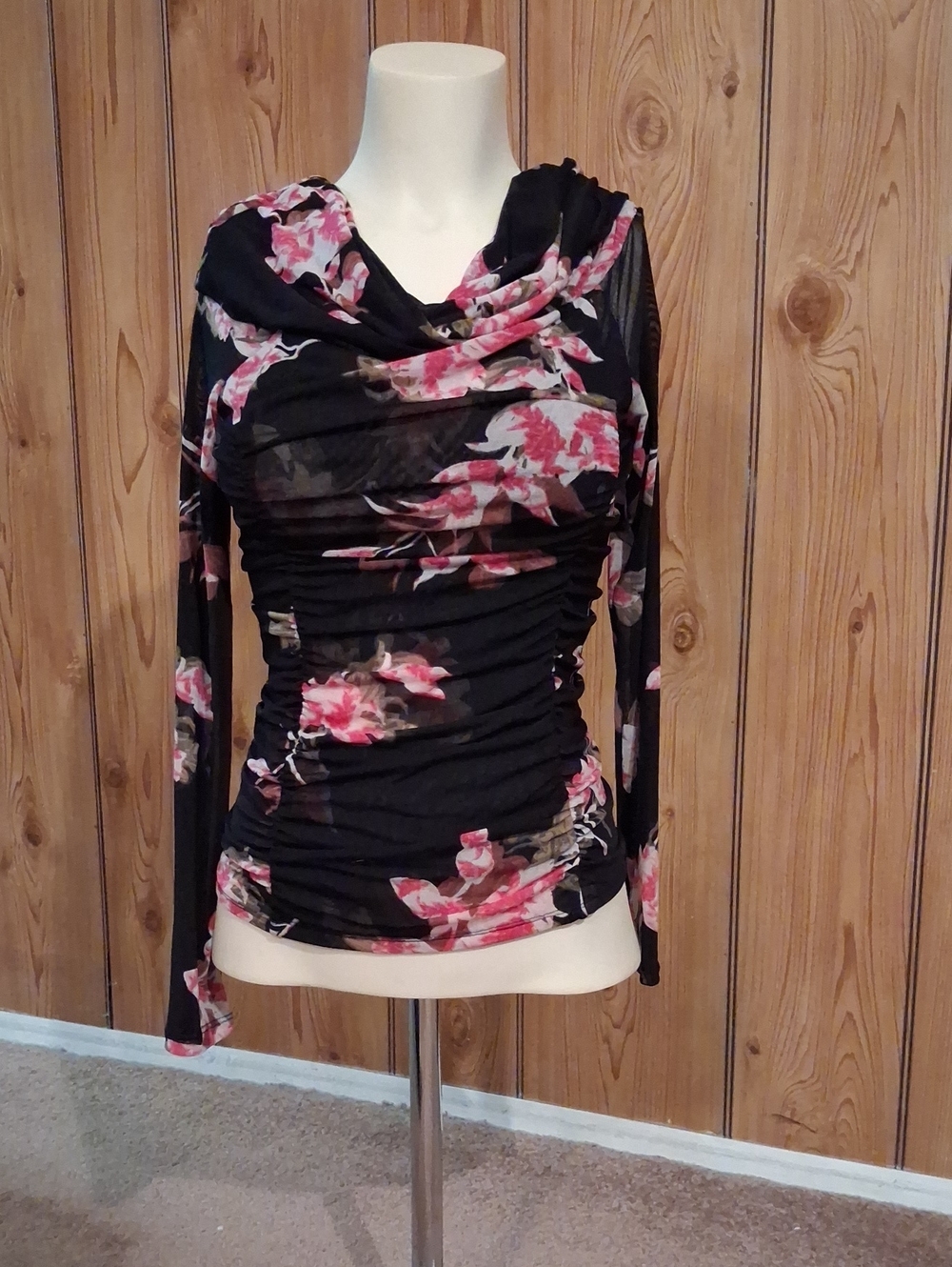 White House Black Market Black Long-Sleeve Floral Ruched Cowl Top